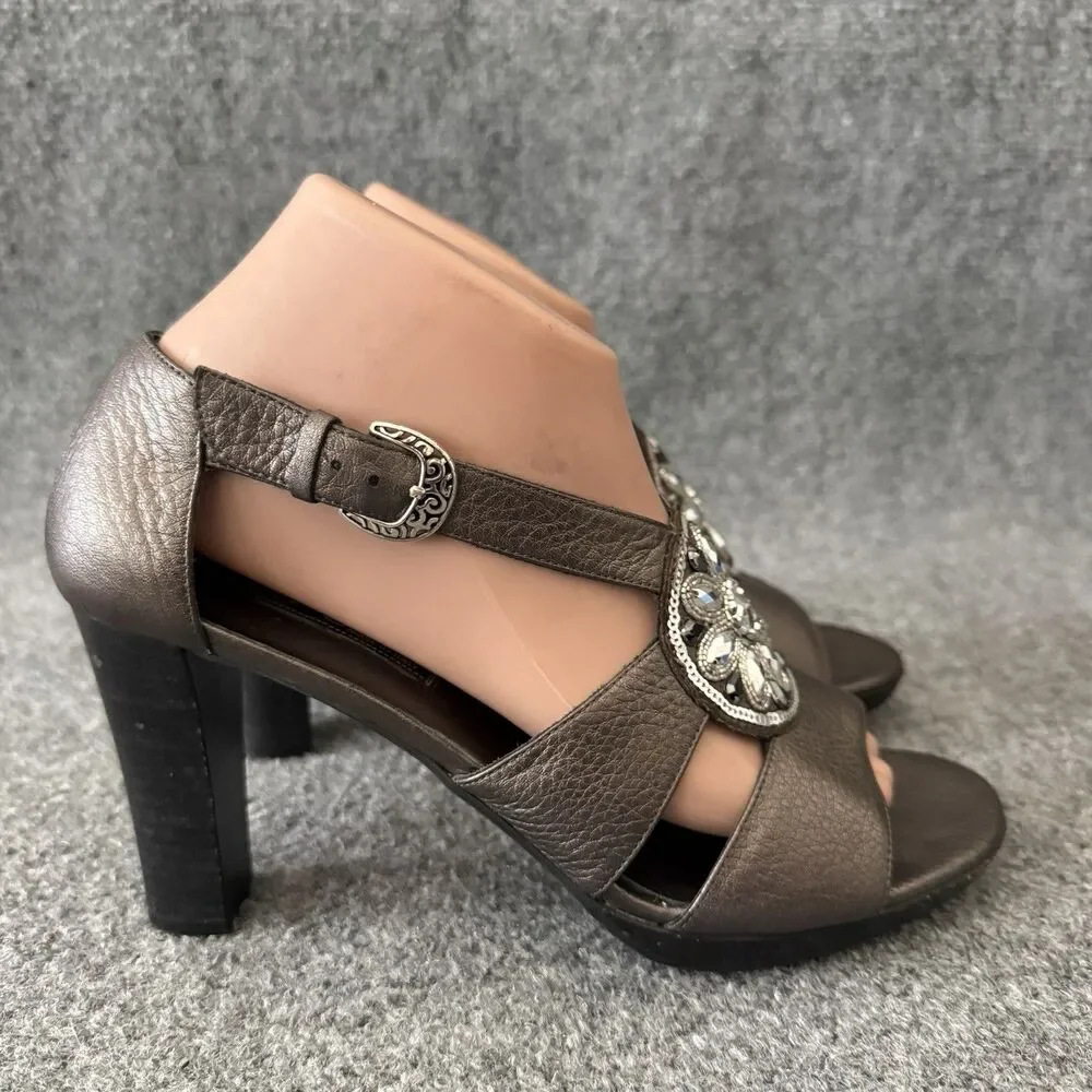 Brighton Viva Pewter Metallic Leather Jewel Strappy Sandals Dress Heels Size 9 M